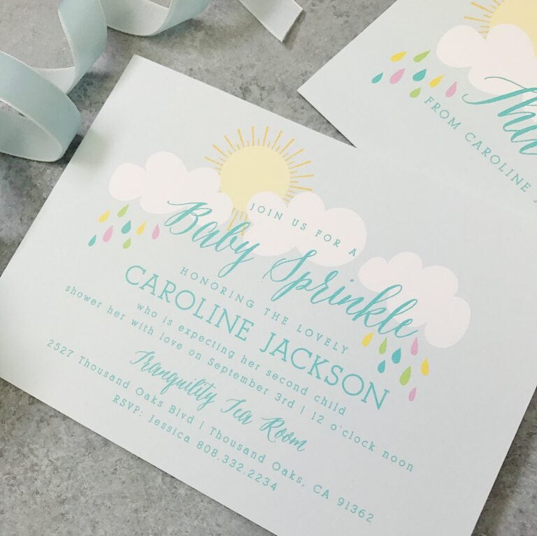beautiful baby shower invitations with clouds sun and multi-colored rain drops