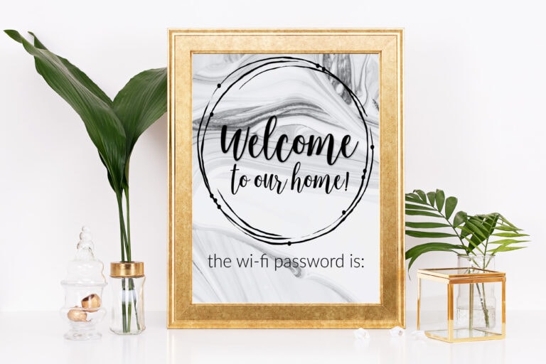 gold frame with welcome to our home the wi-fi password is printable