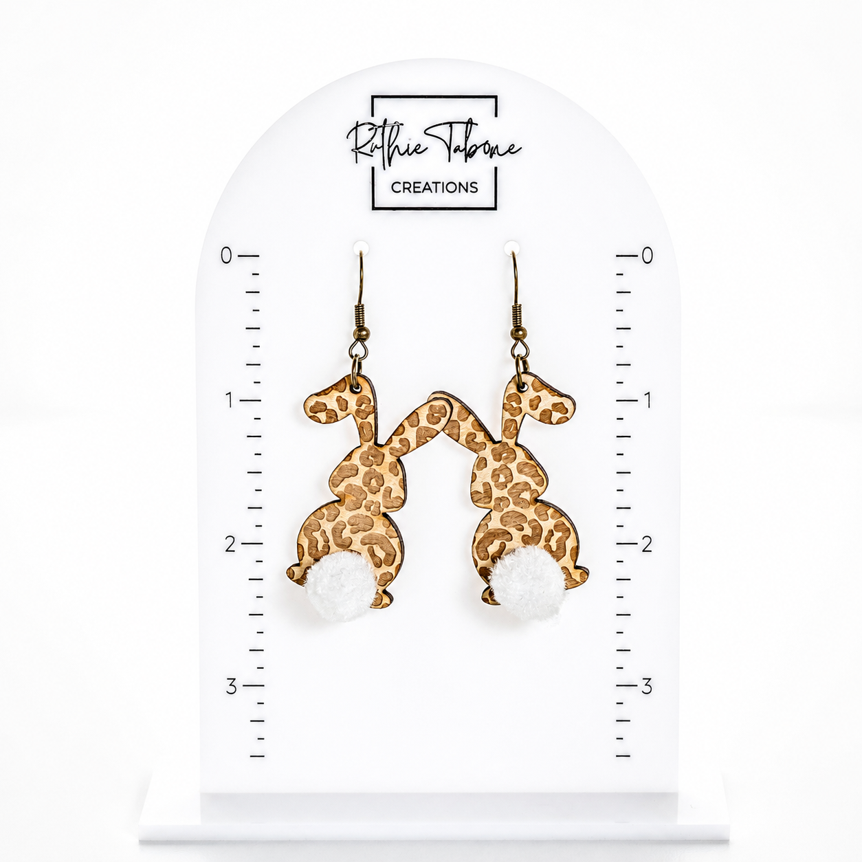 Olivia Leopard Engraved Wood Bunny Earrings with Pom Tail - Image 2