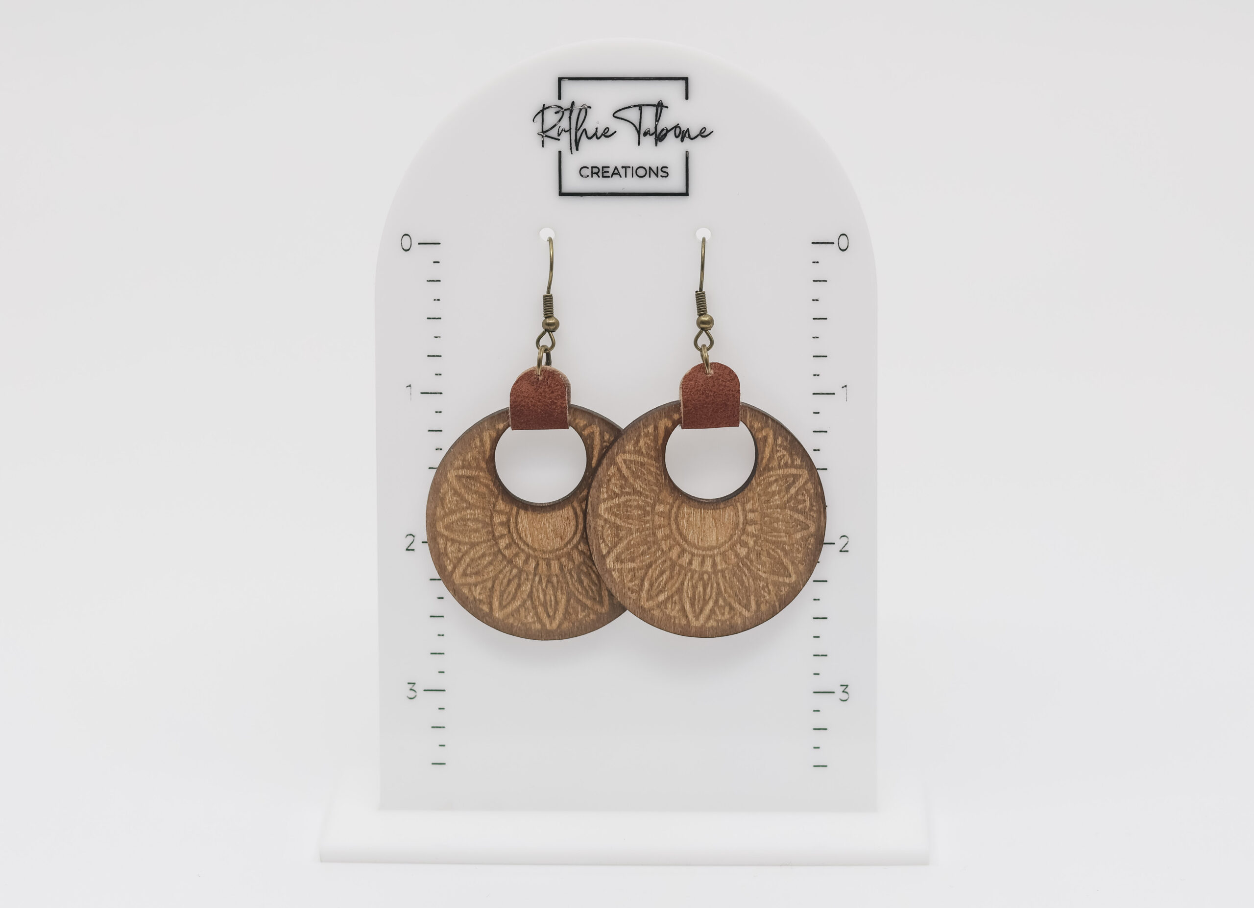 Margo Stained Wood Engraved Earrings with Faux Brown Leather - Image 2