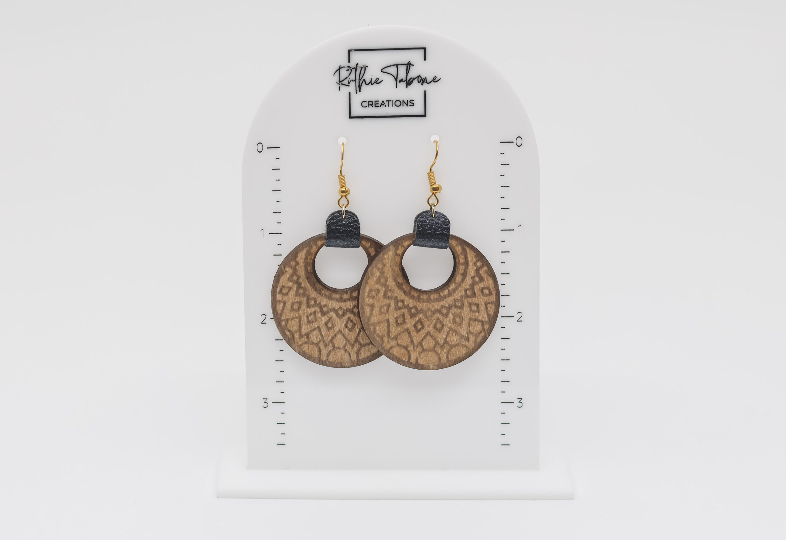 Maren Stained Wood Engraved Earrings with Faux Black Leather - Image 2