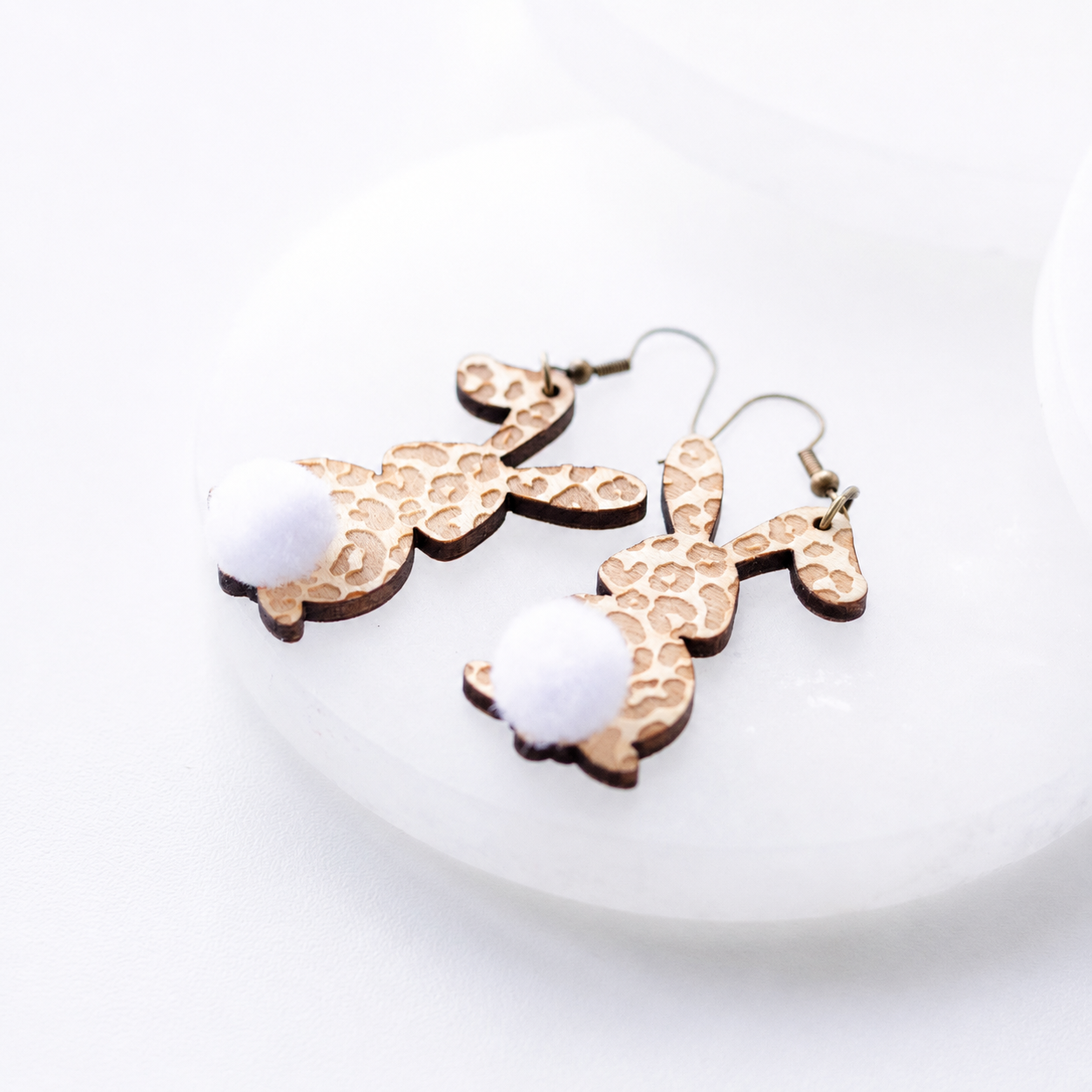 Olivia Leopard Engraved Wood Bunny Earrings with Pom Tail - Image 3