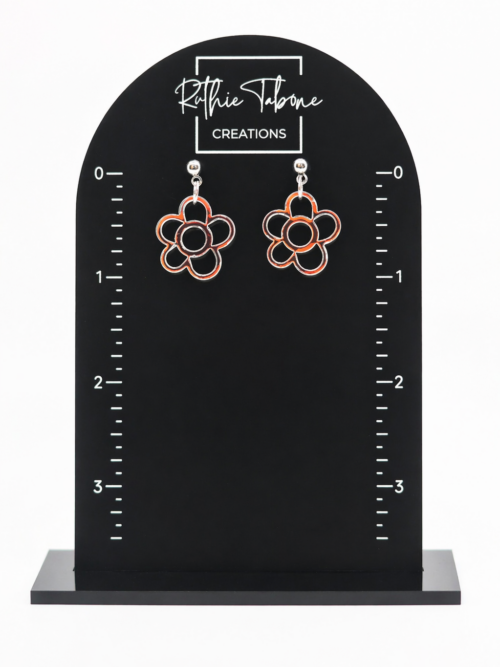 Iridescent outline flower dangle earrings featuring a lightweight, open-petal design with a subtle rainbow sheen—modern, eye-catching, and perfect for adding a soft pop of color to any outfit.