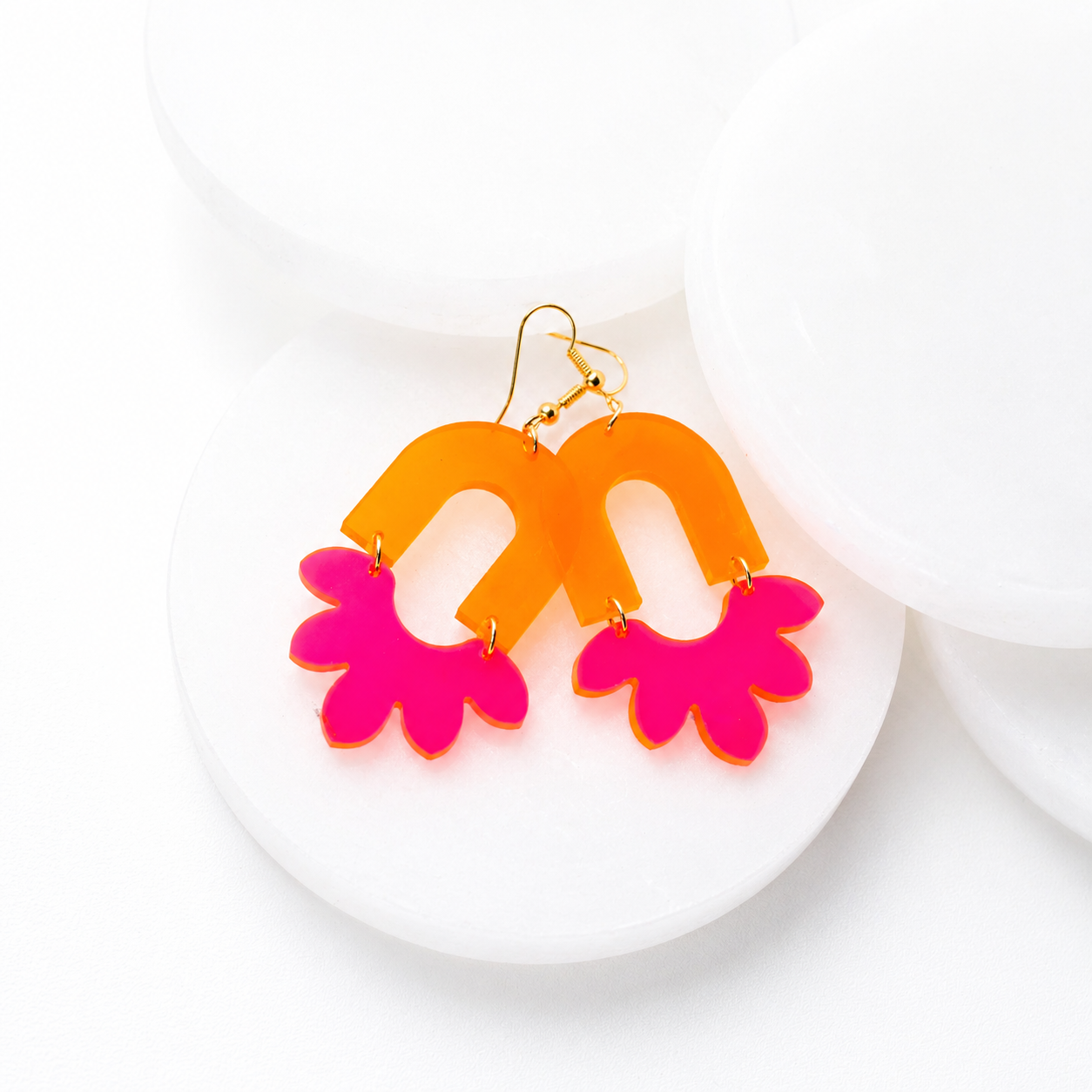 Lola Neon Pink and Orange Acrylic Dangle Earrings - Image 3