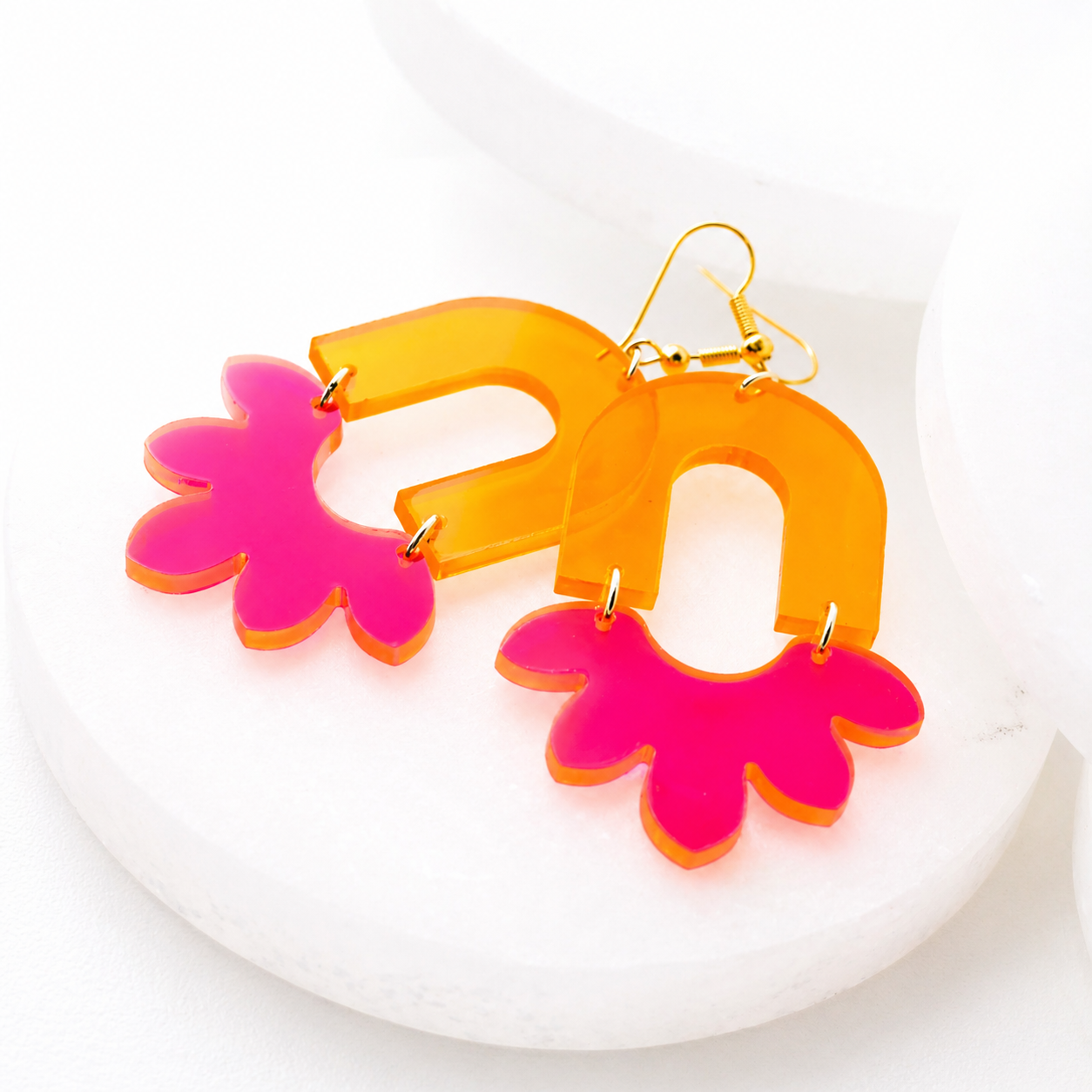Lola Neon Pink and Orange Acrylic Dangle Earrings - Image 4