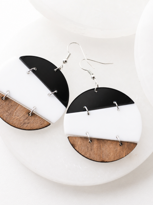 Matilda Black, White & Wood Stacked Trio Earrings