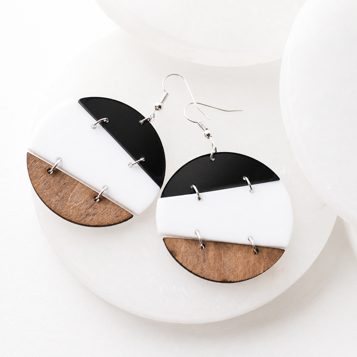 Matilda Black, White & Wood Stacked Trio Earrings
