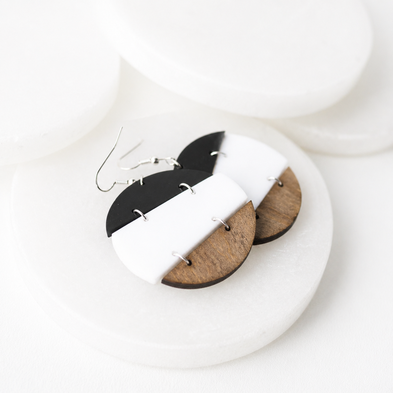 Matilda Black, White & Wood Stacked Trio Earrings - Image 3