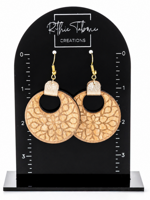ChatGPT Image Apr 29, 2026, 07_39_26 PM Wood mandala earrings with engraved floral design and gold hooks on black measurement display