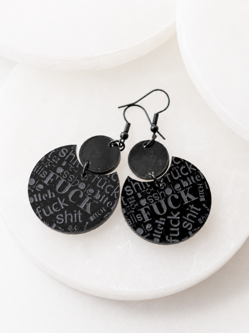 Annie Black Engraved Acrylic Swear Word Statement Earrings