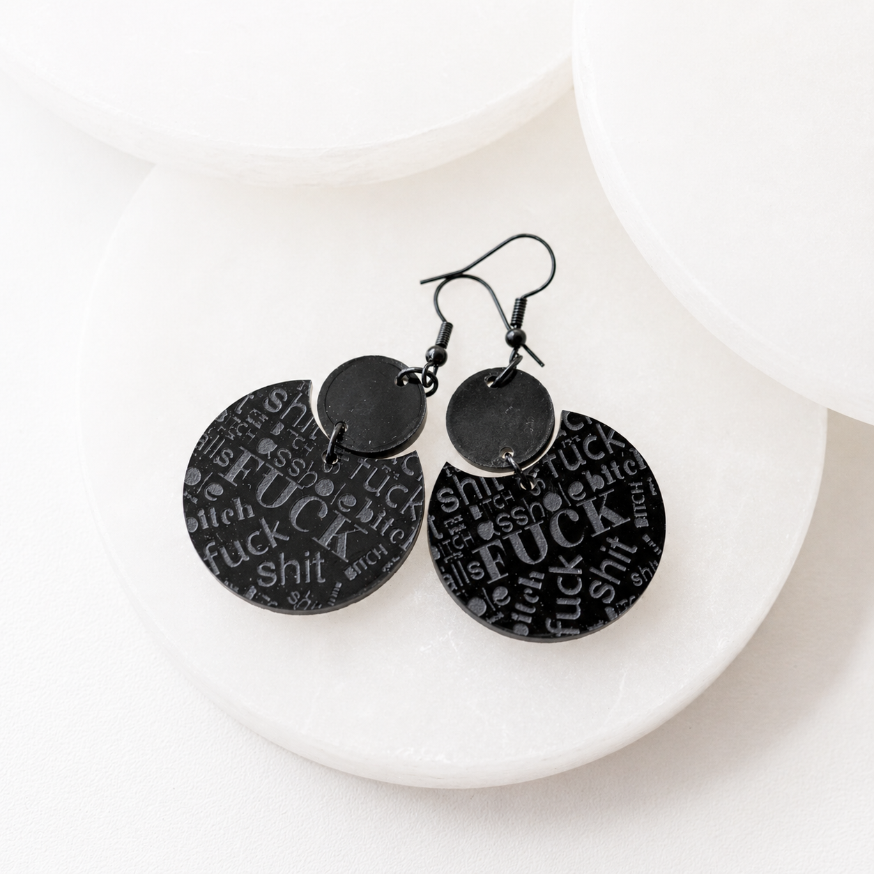 Annie Black Engraved Acrylic Swear Word Statement Earrings