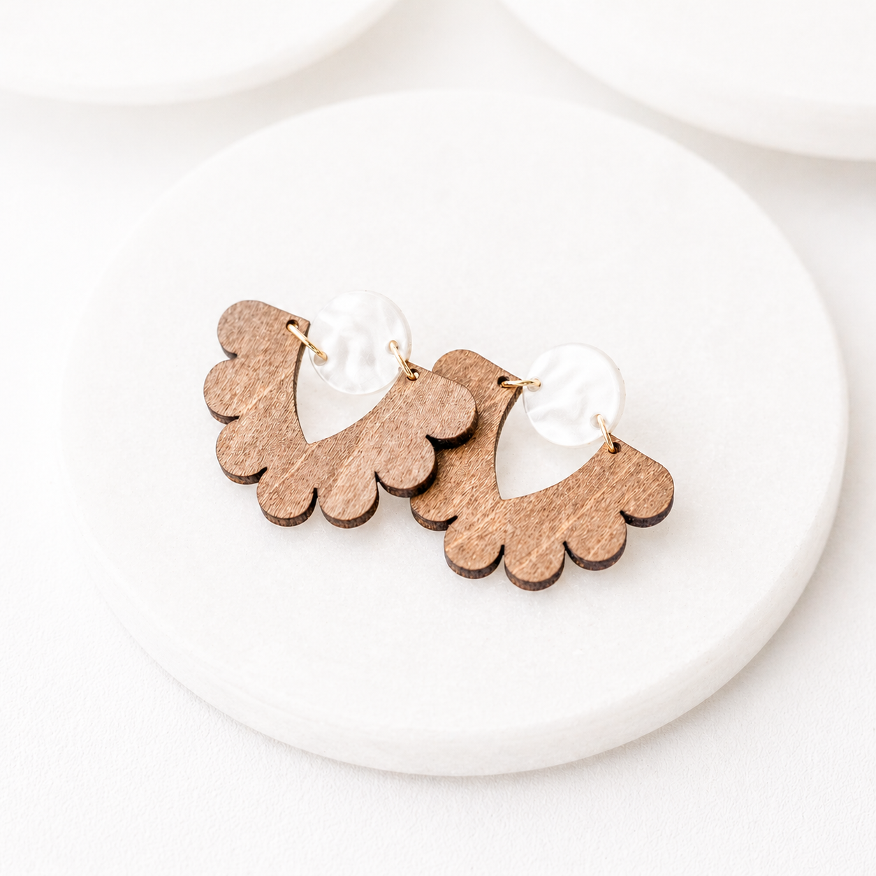 Amelia Wood Scalloped Earrings with White Pearl Acrylic - Image 4