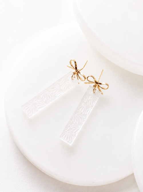 Chloe Clear Acrylic Aster Flower Dangle Earrings with Bow Post