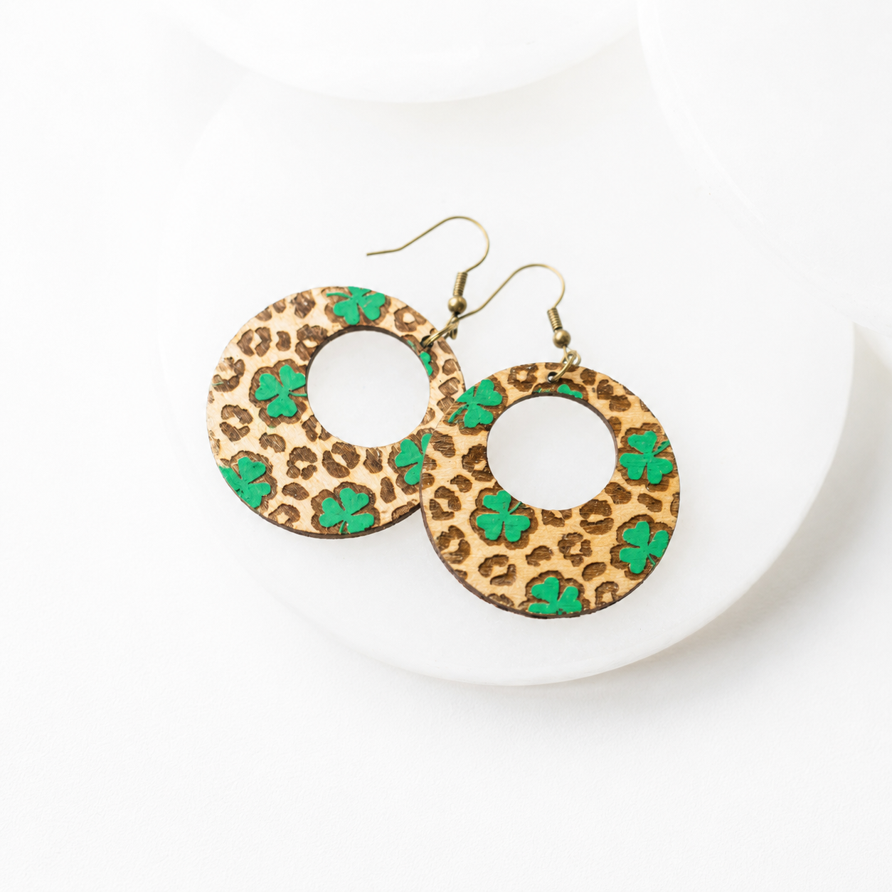 Maeve Shamrock Wood Engraved Earrings
