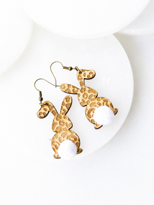 Olivia Leopard Engraved Wood Bunny Earrings with Pom Tail