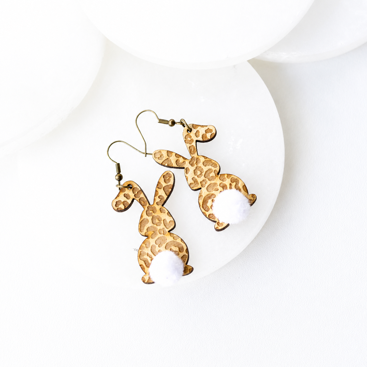 Olivia Leopard Engraved Wood Bunny Earrings with Pom Tail