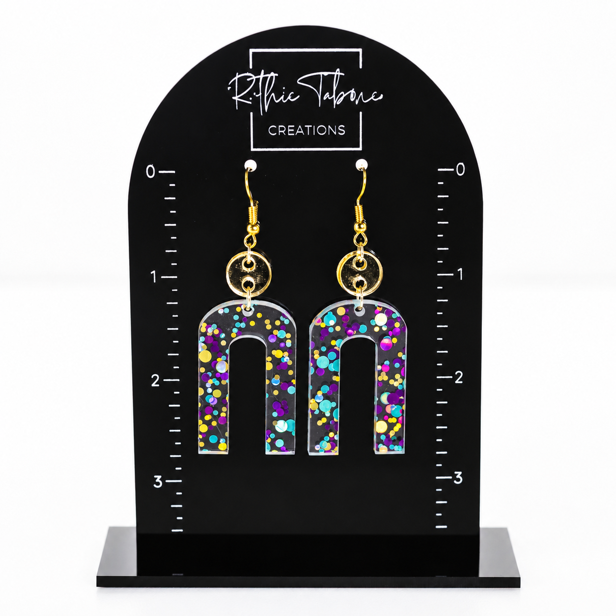 Rosie Confetti Acrylic Dangle Earrings with Gold Mirror Accent - Image 2