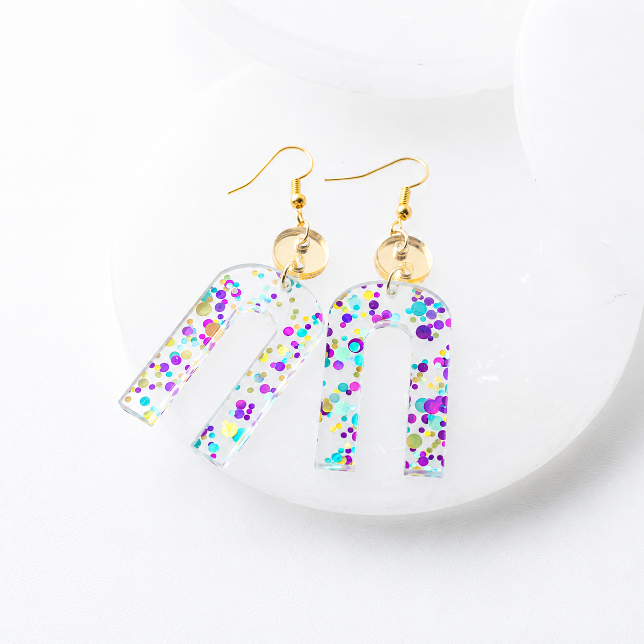 Rosie Confetti Acrylic Dangle Earrings with Gold Mirror Accent