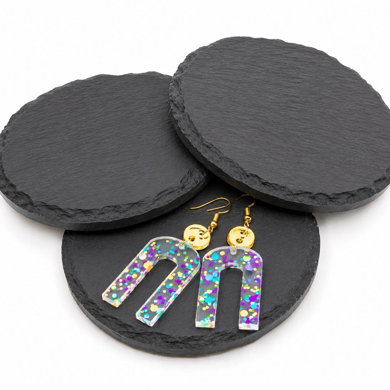 Rosie Confetti Acrylic Dangle Earrings with Gold Mirror Accent - Image 3