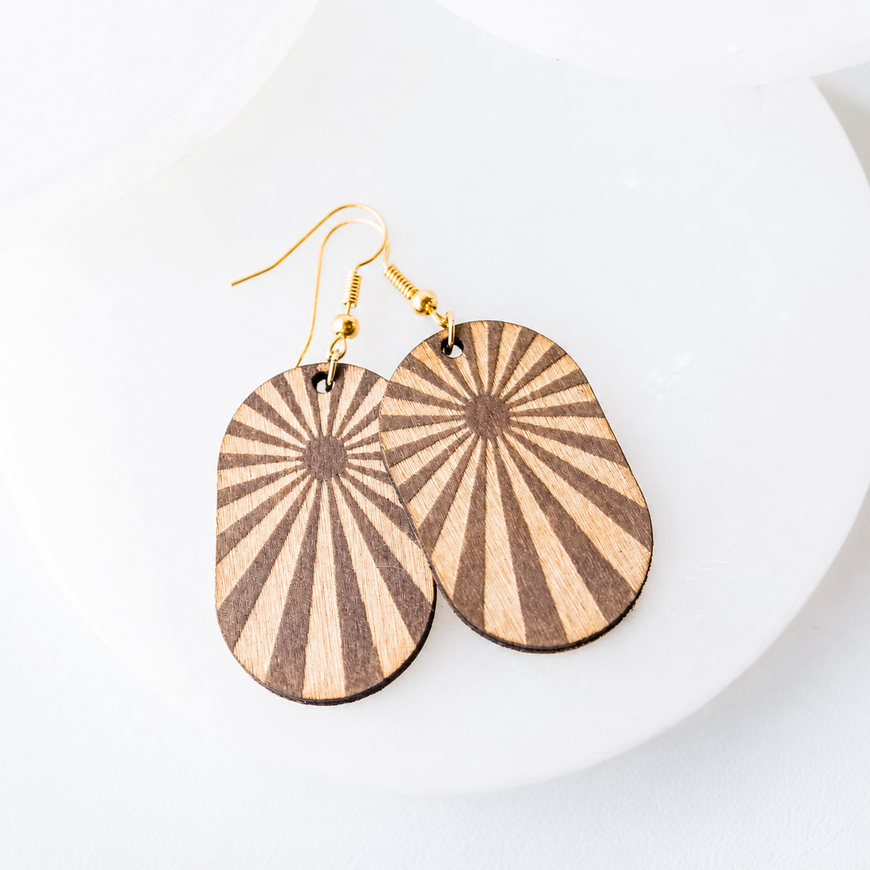 Sarah Sunburst Engraved Wood Dangle Earrings - Image 3