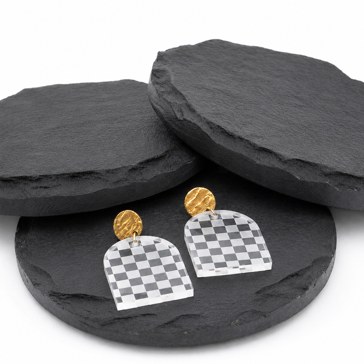 Shirley Clear Checkered Engraved Acrylic Dangle Earrings - Image 3