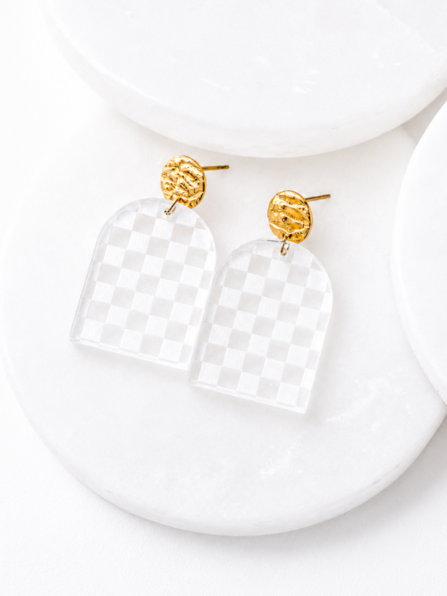 Shirley Clear Checkered Engraved Acrylic Dangle Earrings