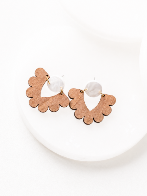 Amelia Wood Scalloped Earrings with White Pearl Acrylic