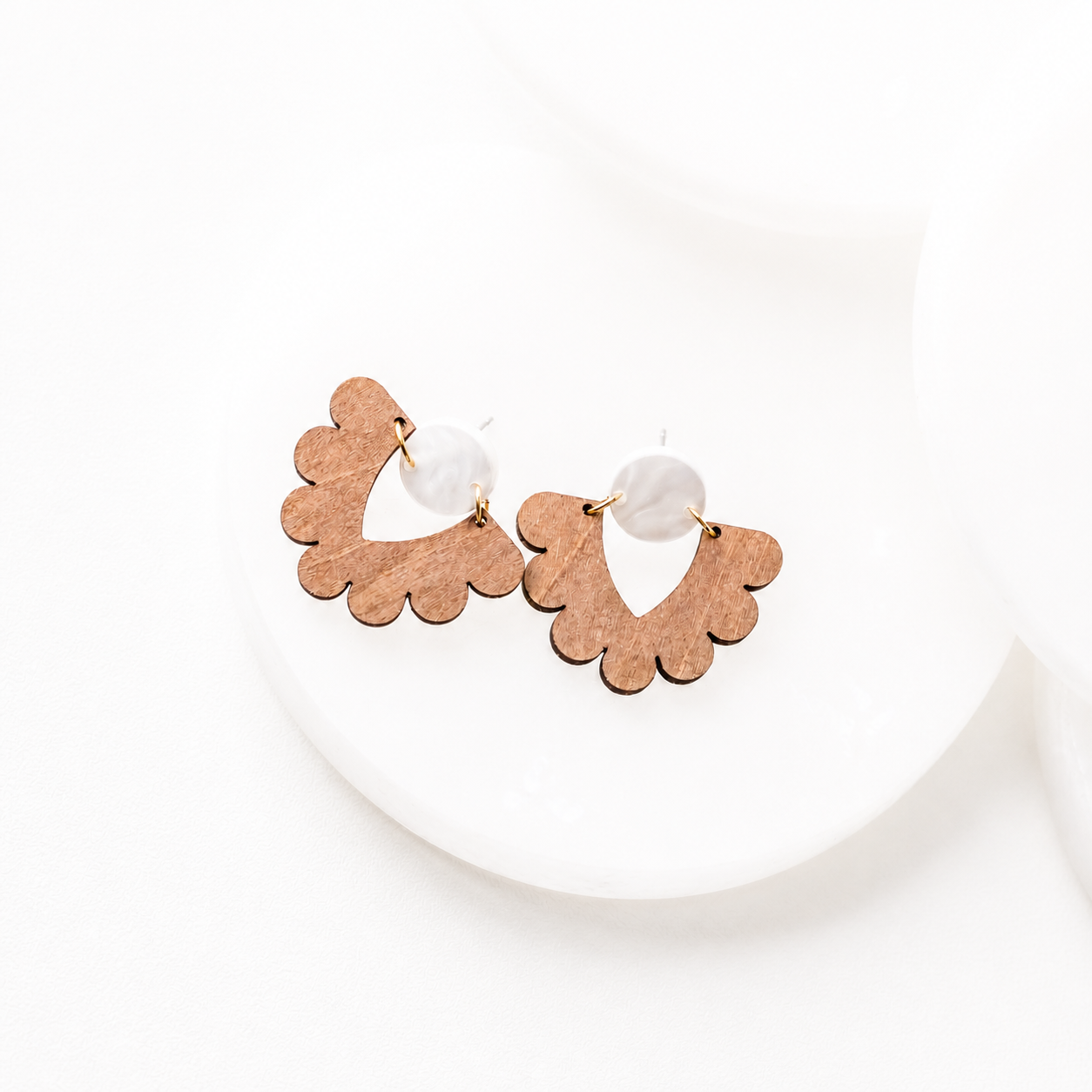 Amelia Wood Scalloped Earrings with White Pearl Acrylic