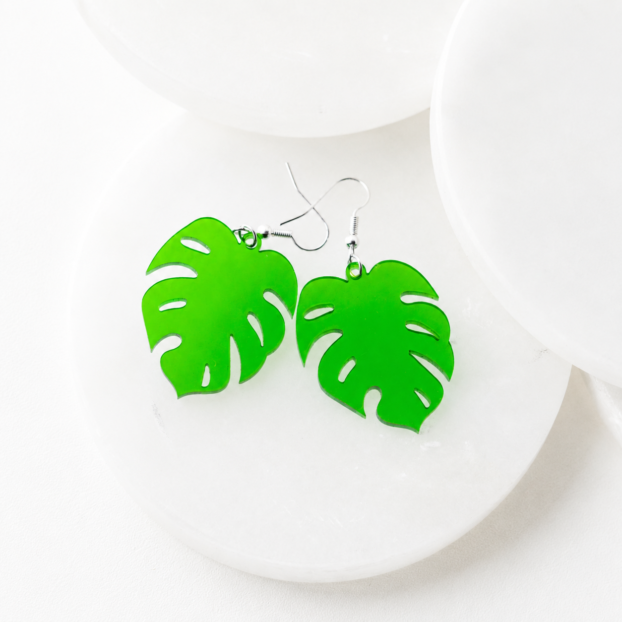 Etta Transparent Green Acrylic Monstera Leaf Earrings