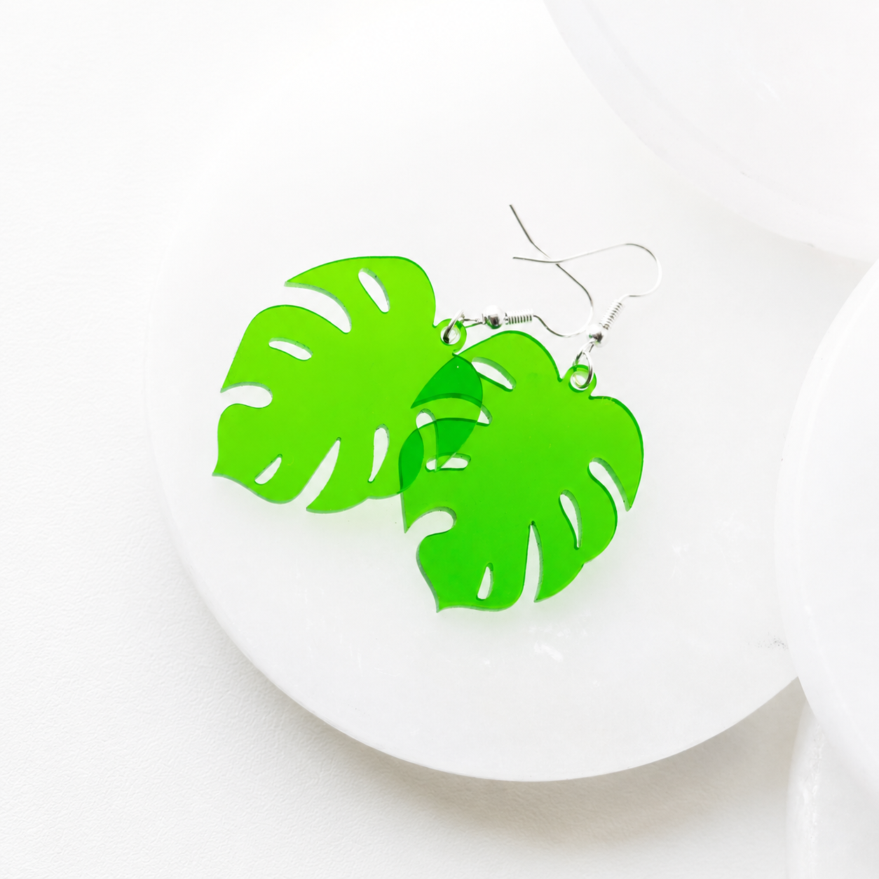 Etta Transparent Green Acrylic Monstera Leaf Earrings - Image 4