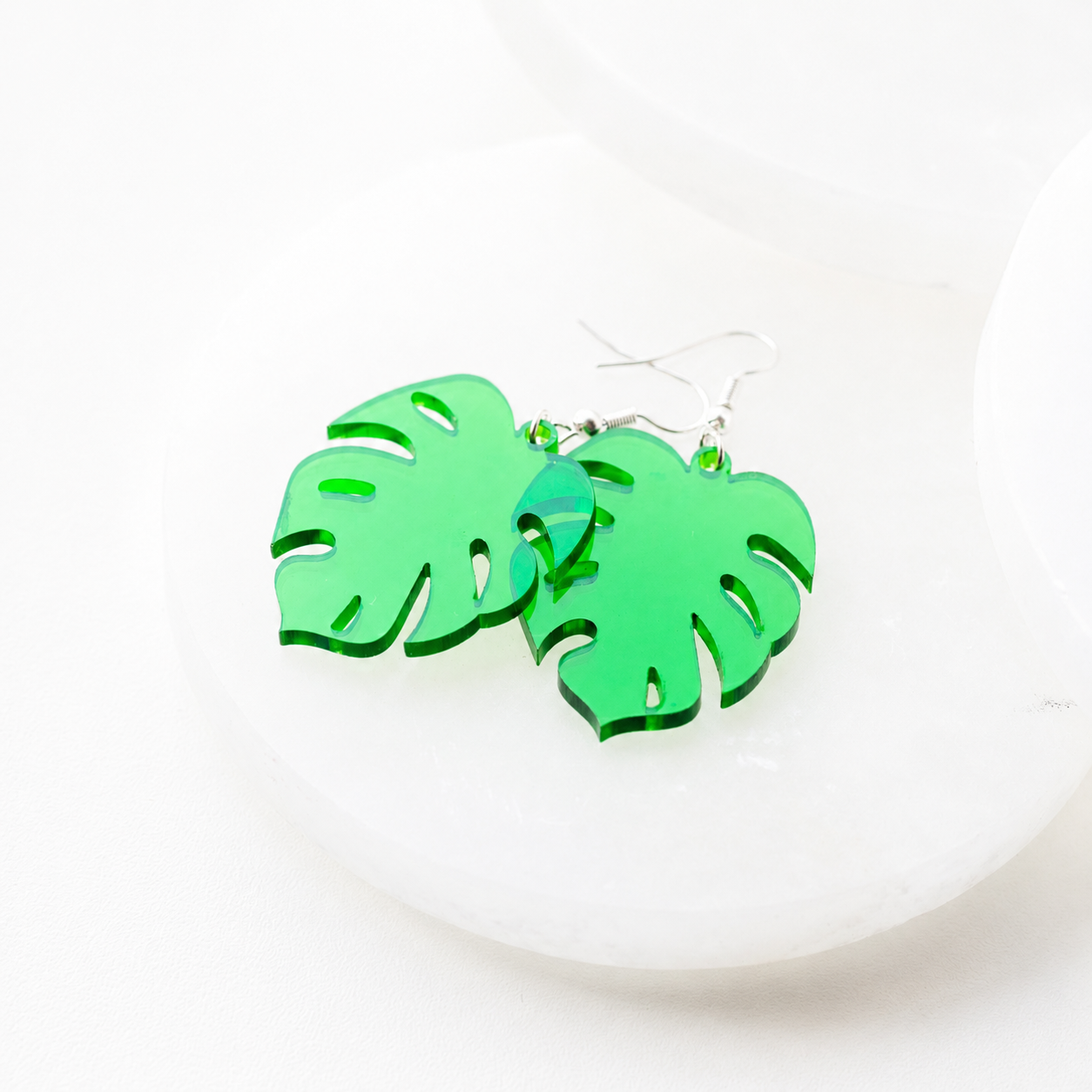Etta Transparent Green Acrylic Monstera Leaf Earrings - Image 3