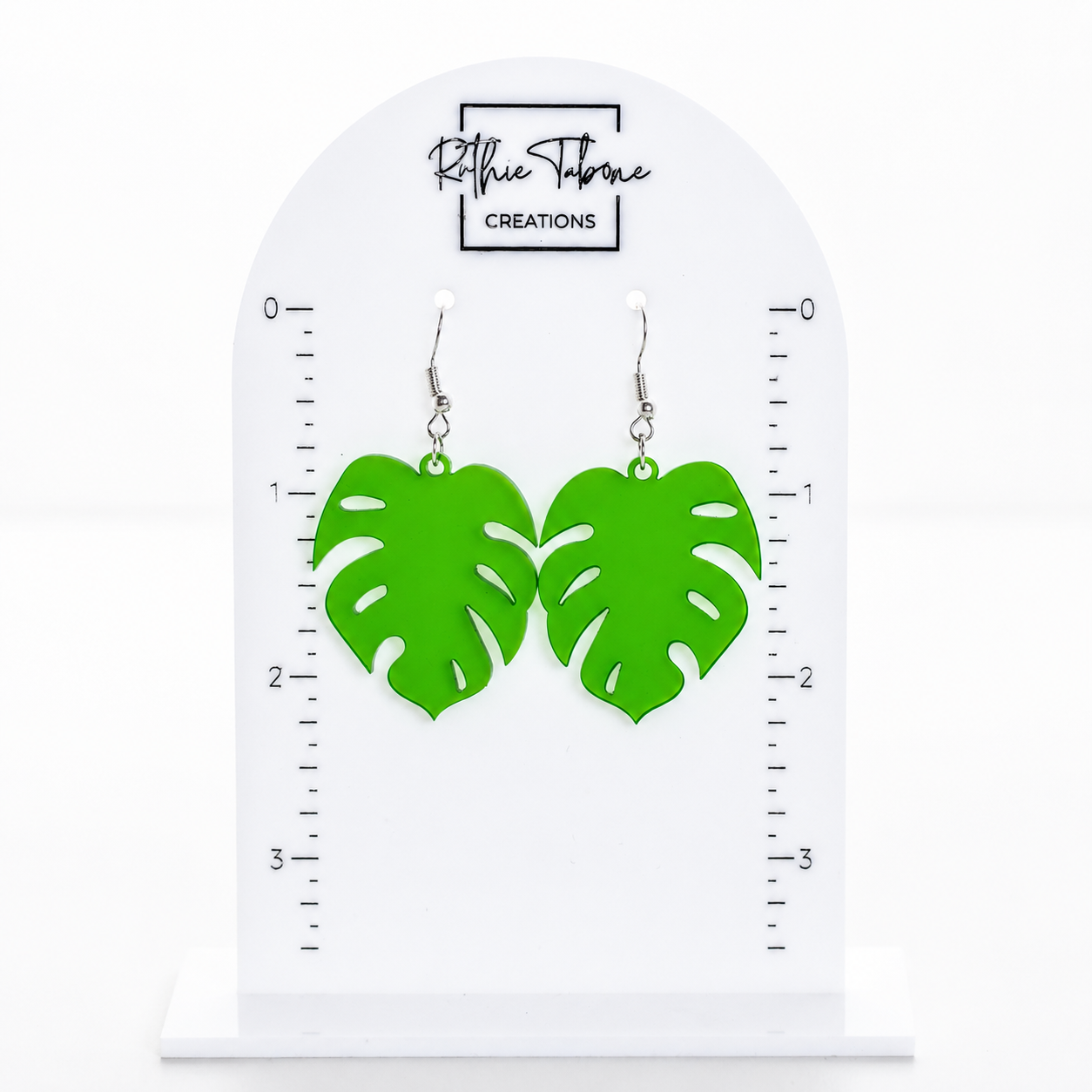 Etta Transparent Green Acrylic Monstera Leaf Earrings - Image 2