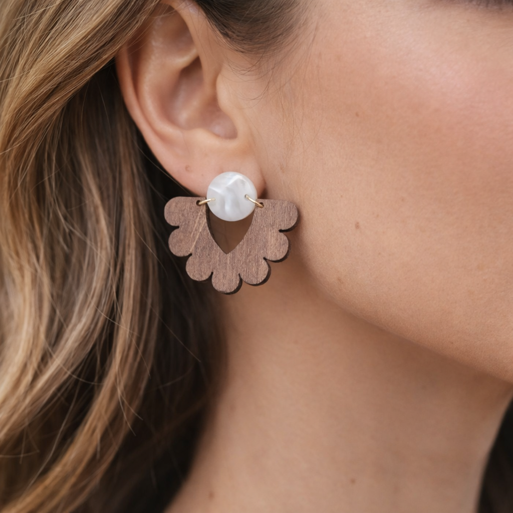 Amelia Wood Scalloped Earrings with White Pearl Acrylic - Image 3