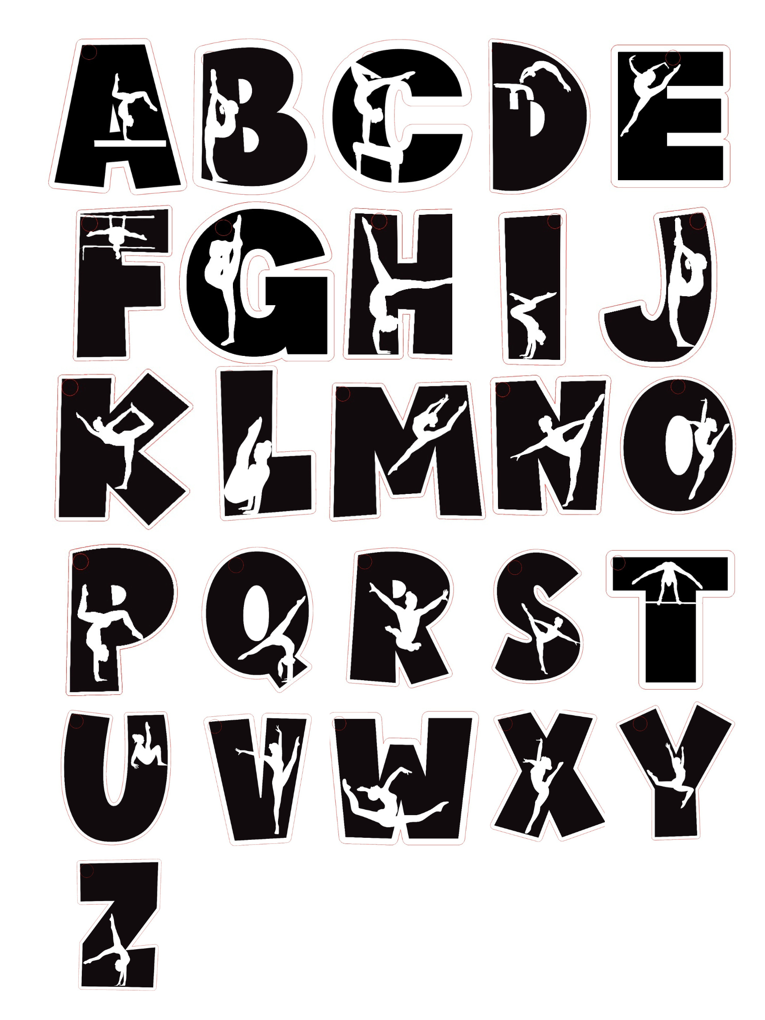 Complete gymnastics alphabet design set featuring A–Z letters, each uniquely styled with a gymnast silhouette—perfect for creating personalized keychains, gifts, team gear, and custom accessories for gymnasts.