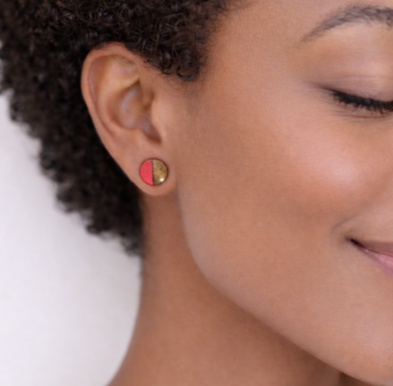 Piper Two Tone Wood & Resin Circle Stud Earrings - Image 2