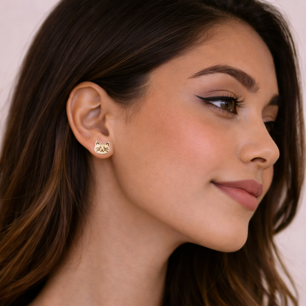 Marie Wood Cat Face Stud Earrings - Image 2