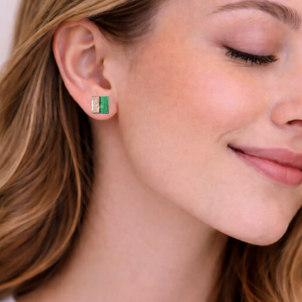 Phoebe Two Tone Wood & Resin Square Stud Earrings - Image 2