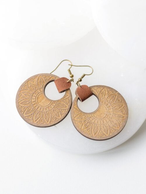Margo Stained Wood Engraved Earrings with Faux Brown Leather