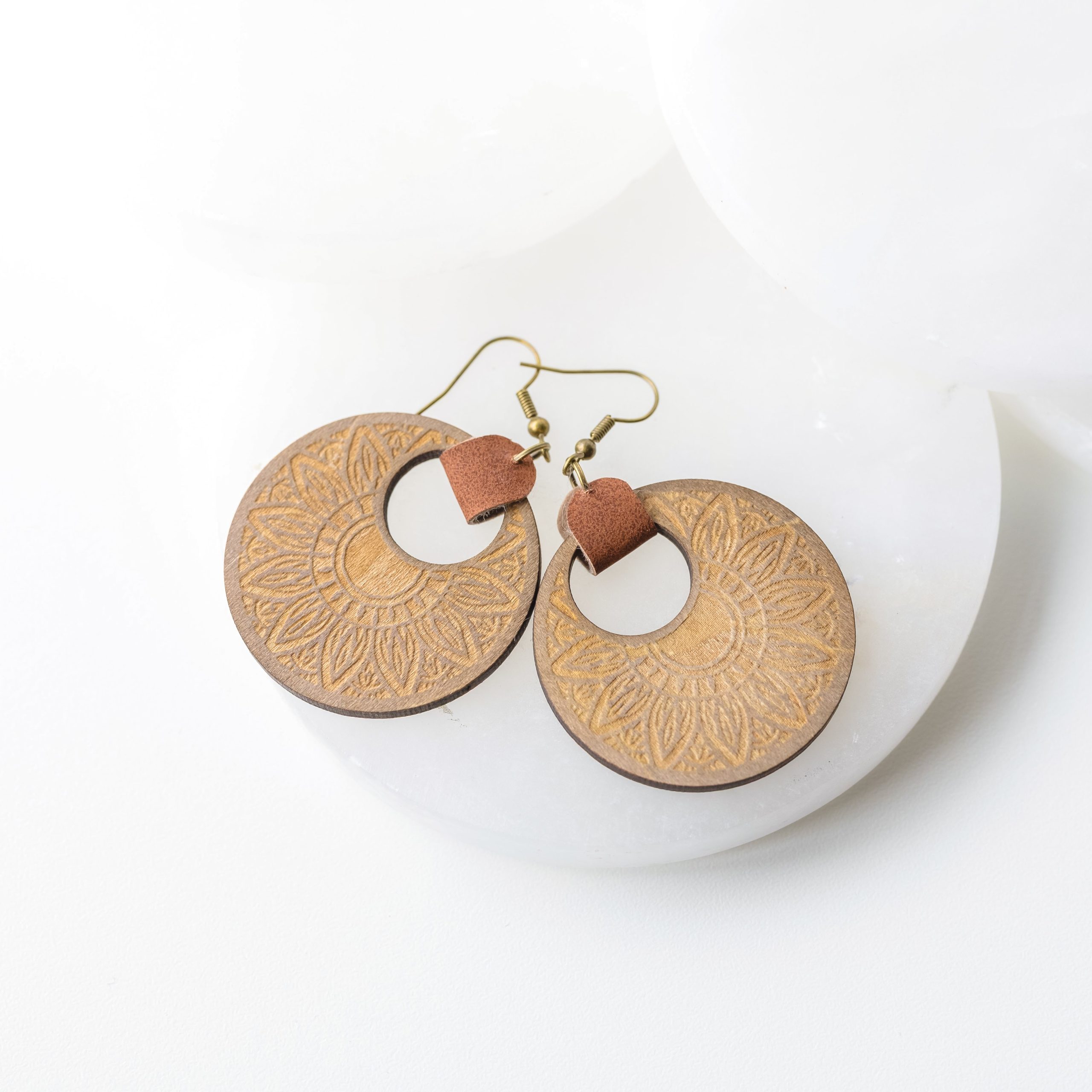 Margo Stained Wood Engraved Earrings with Faux Brown Leather