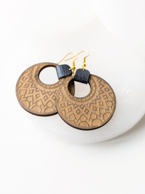Maren Stained Wood Engraved Earrings with Faux Black Leather