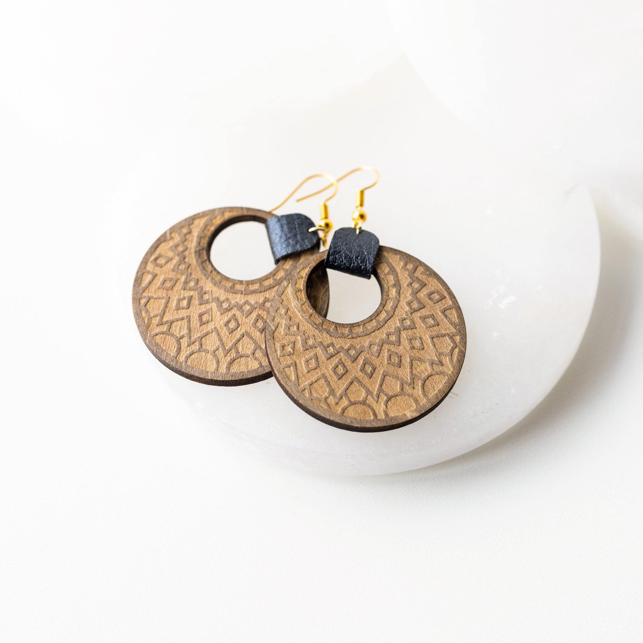 Maren Stained Wood Engraved Earrings with Faux Black Leather