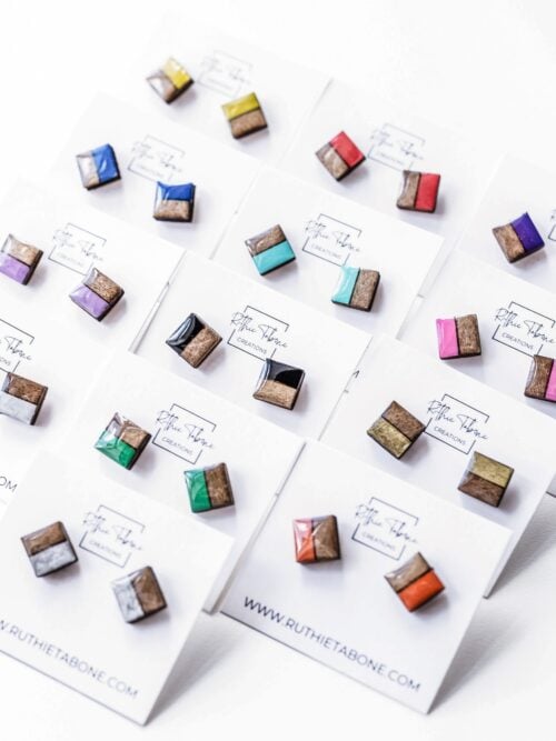 Phoebe Two Tone Wood & Resin Square Stud Earrings