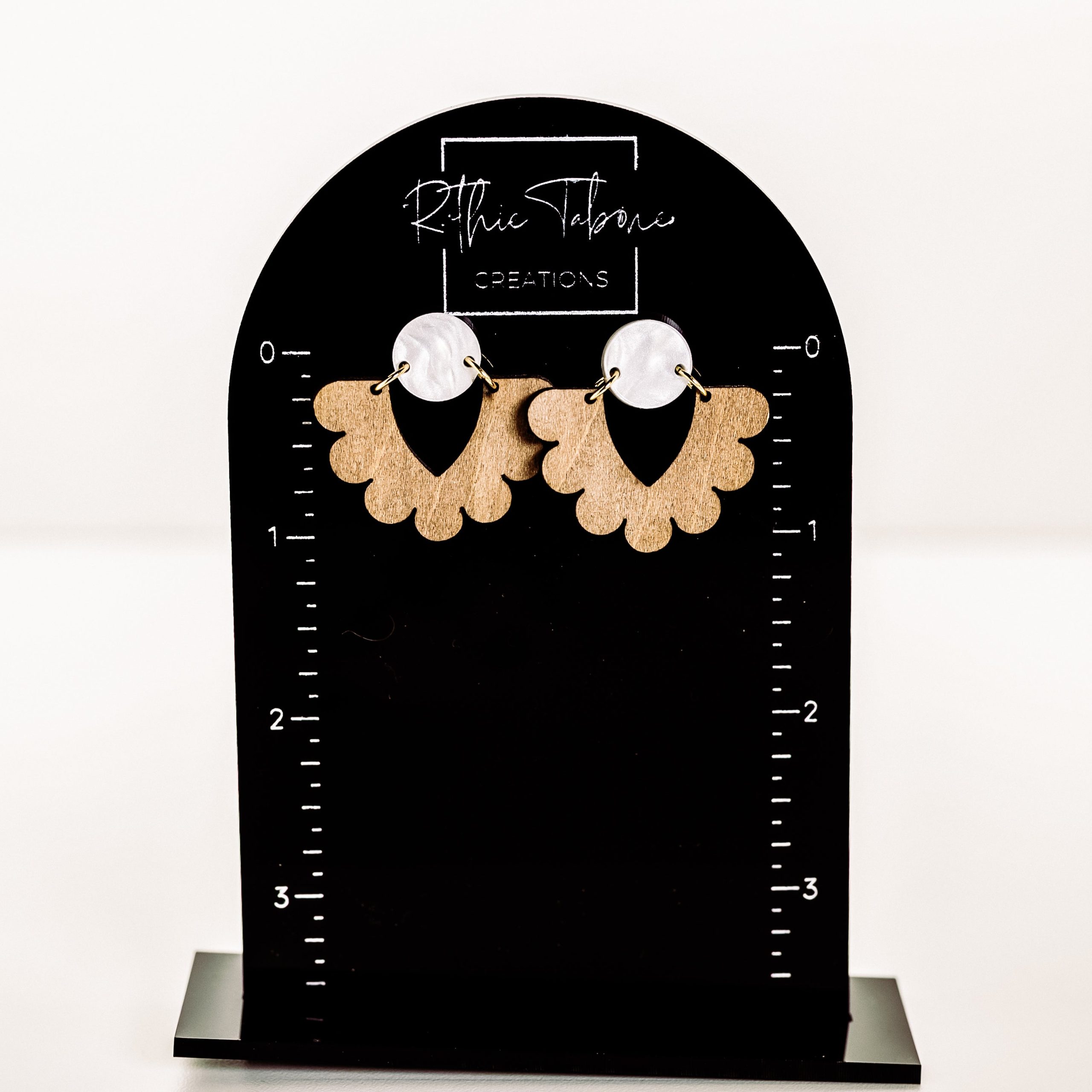 Amelia Wood Scalloped Earrings with White Pearl Acrylic - Image 2