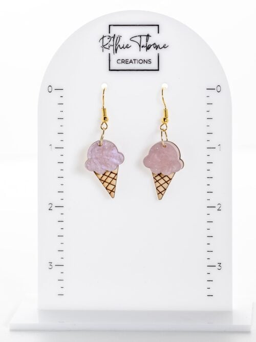 WebsiteJewelryPics-91-scaled-1.jpg Handmade pink ice cream cone acrylic dangle earrings with gold hooks by Ruthie Tabone Creations displayed on white jewelry card.