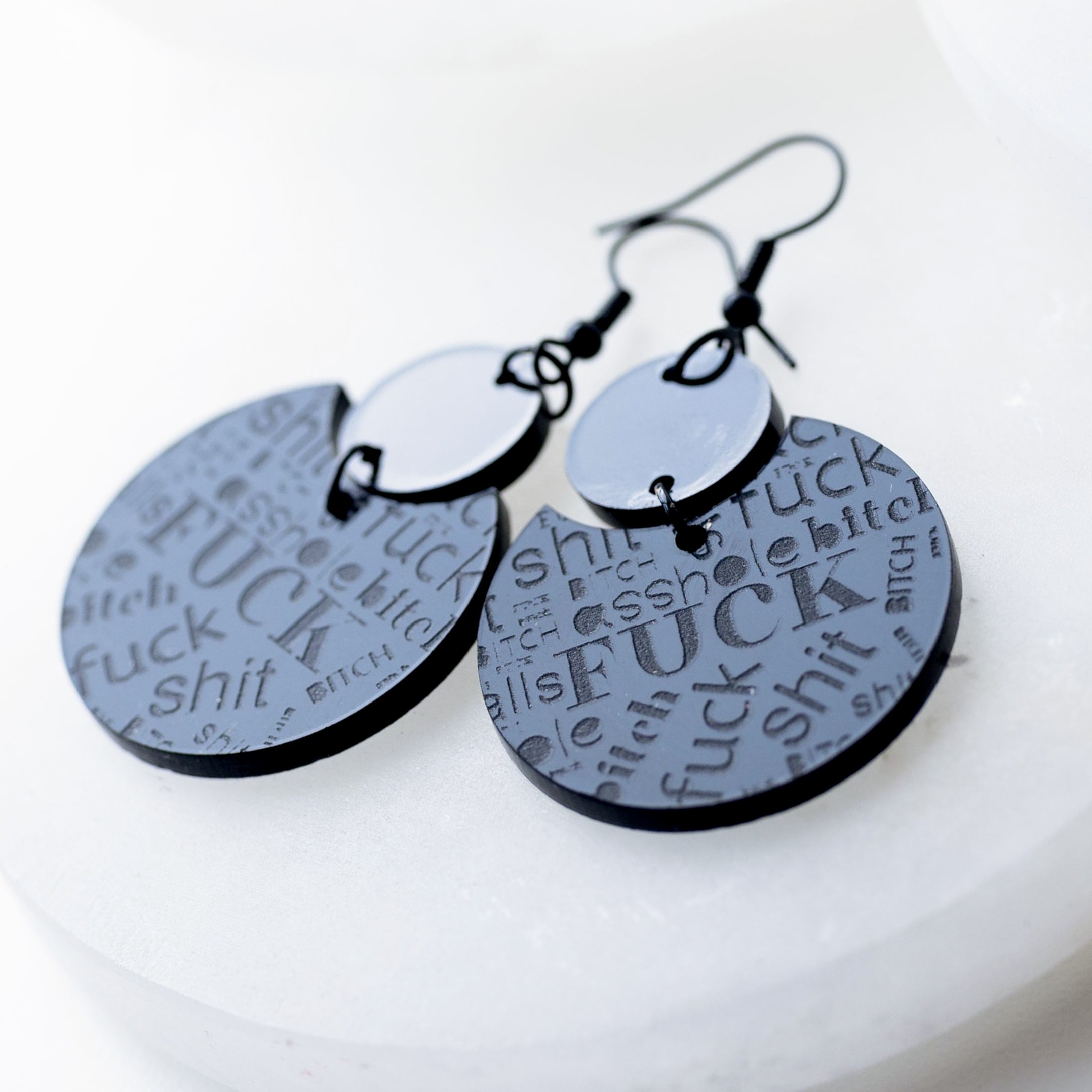 Annie Black Engraved Acrylic Swear Word Statement Earrings - Image 3