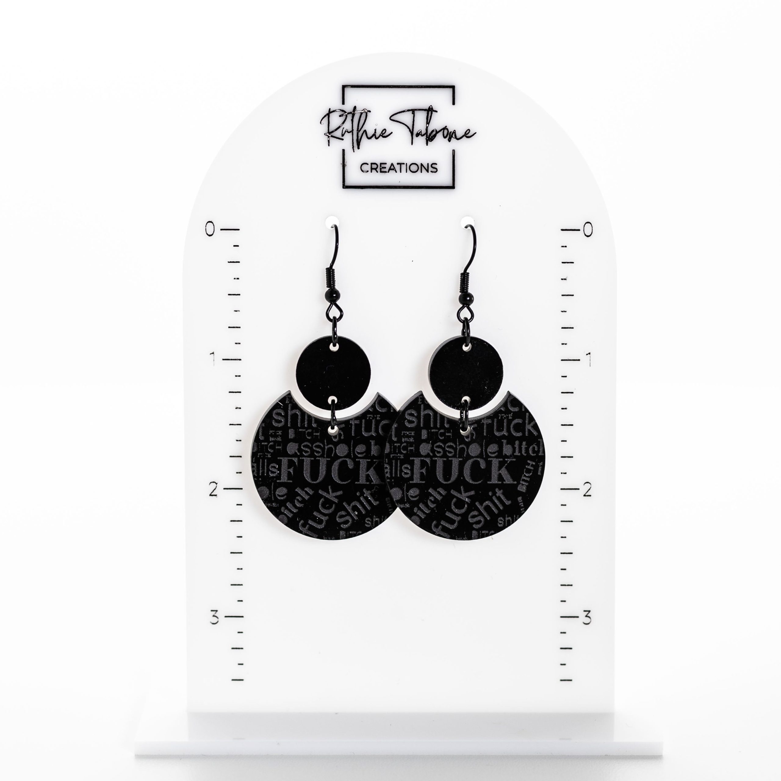 Annie Black Engraved Acrylic Swear Word Statement Earrings - Image 2