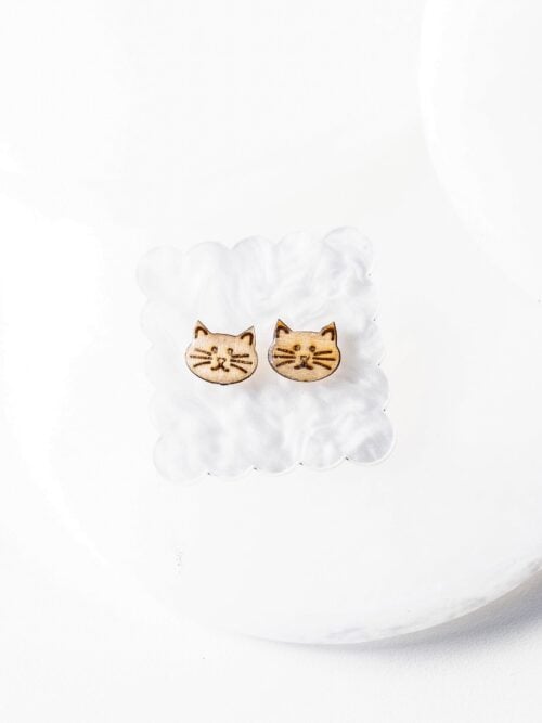 Marie Wood Cat Face Stud Earrings
