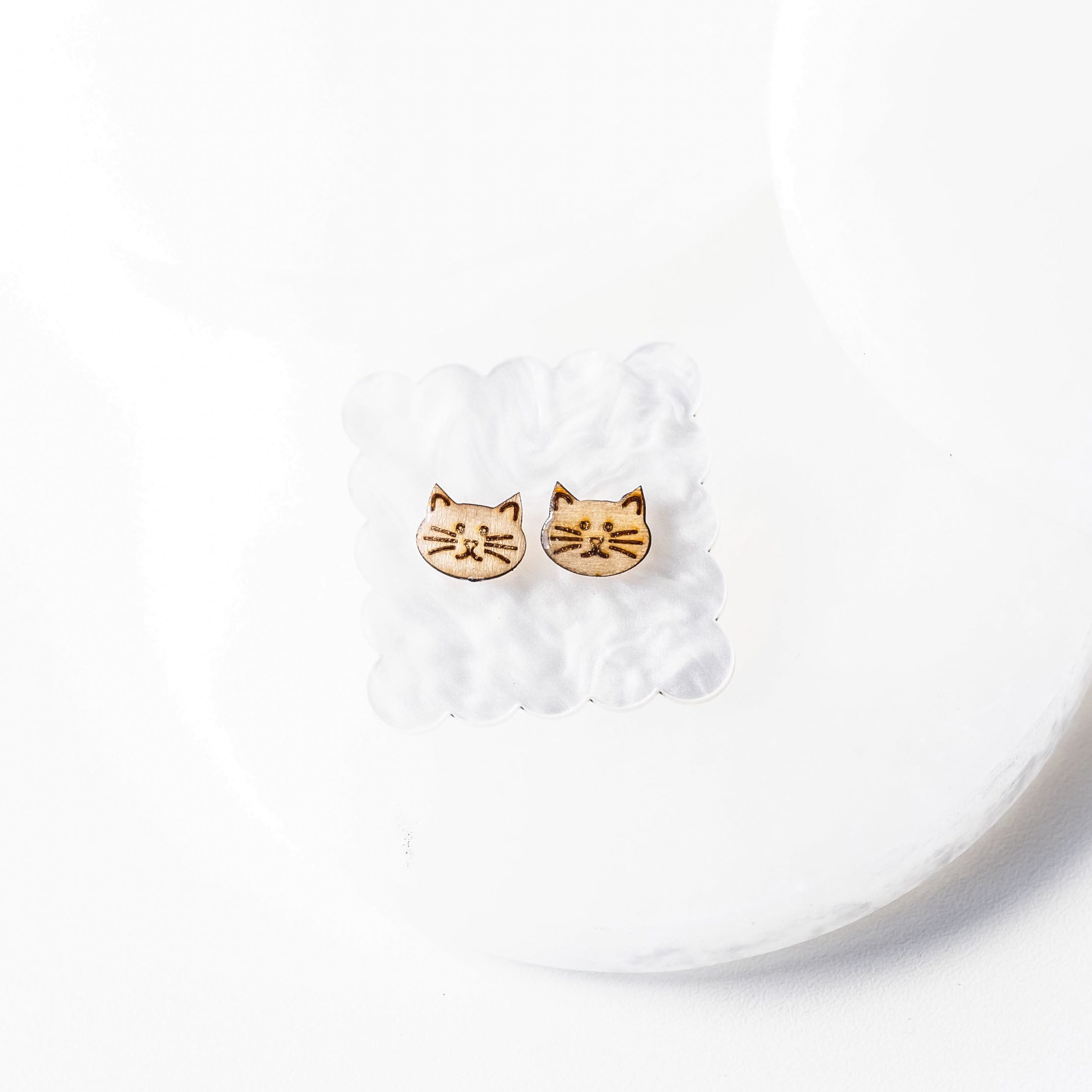 Marie Wood Cat Face Stud Earrings