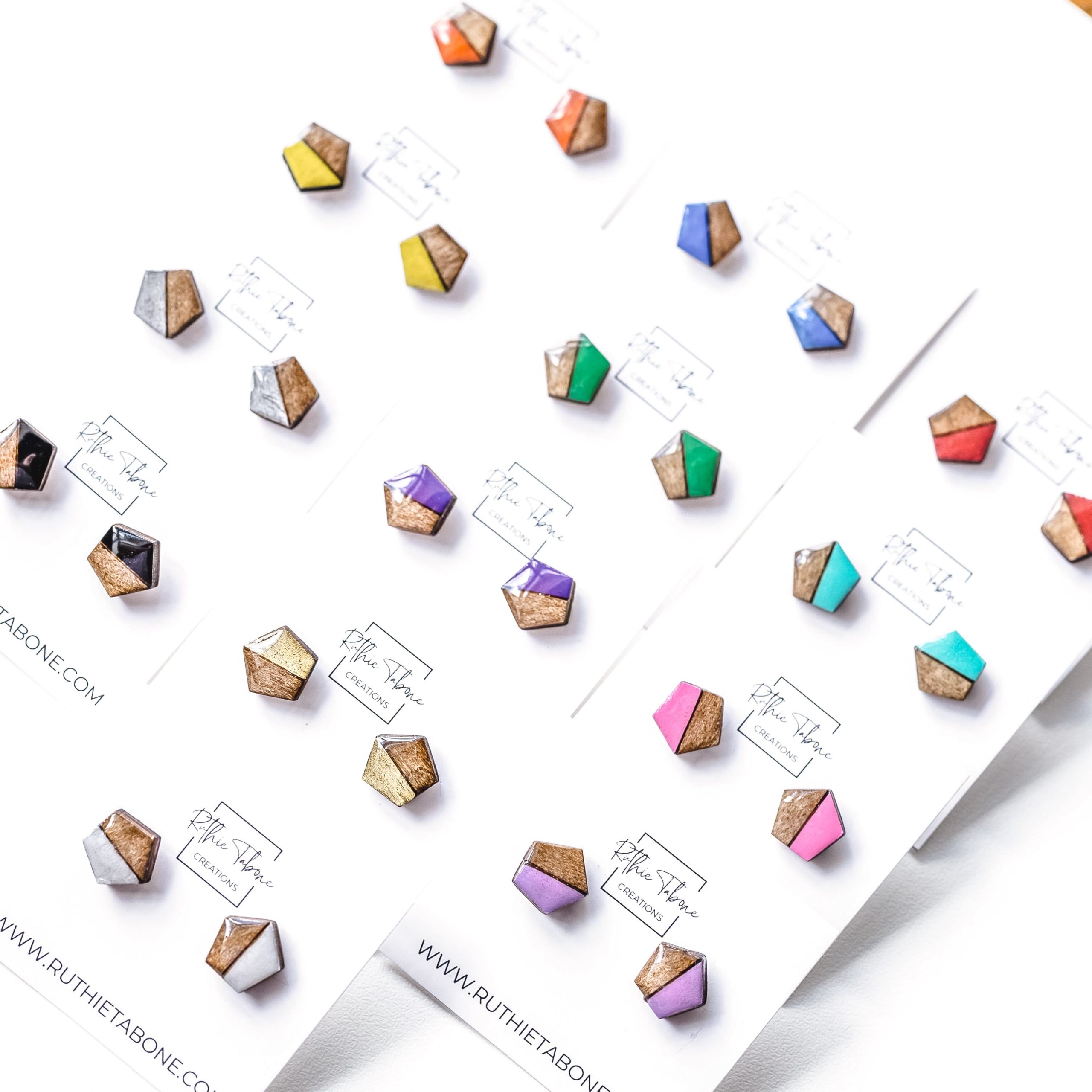 Paisley Two Tone Wood & Resin Pentagon Stud Earrings