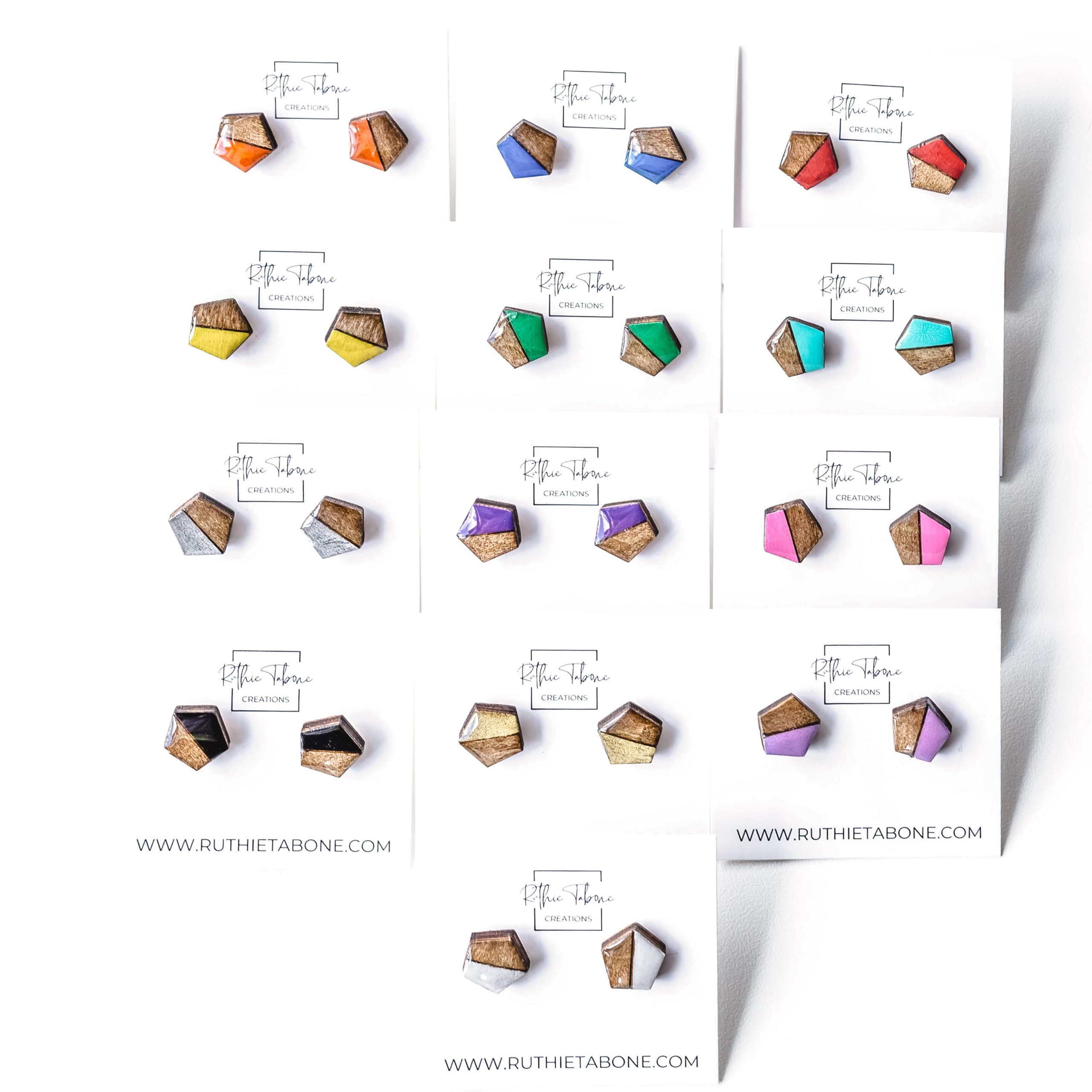 Paisley Two Tone Wood & Resin Pentagon Stud Earrings - Image 4